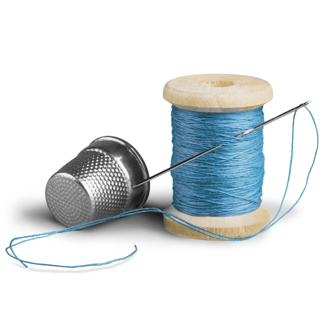 Kit de coser, hilo azul y aguja